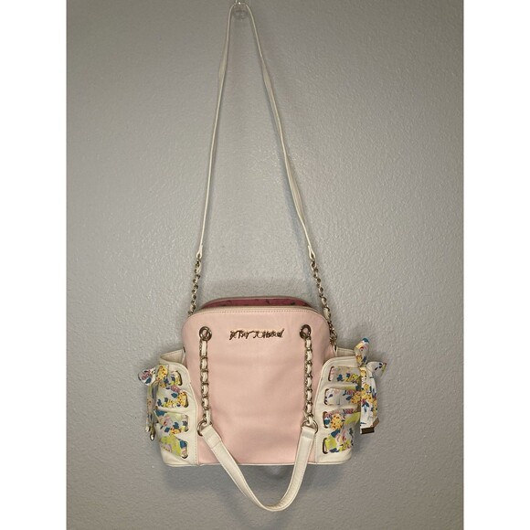 Betsey Johnson Pastel Pink Shoulder Bag W/ Strap Ribbon Bows Gold Hardware - Picture 2 of 16